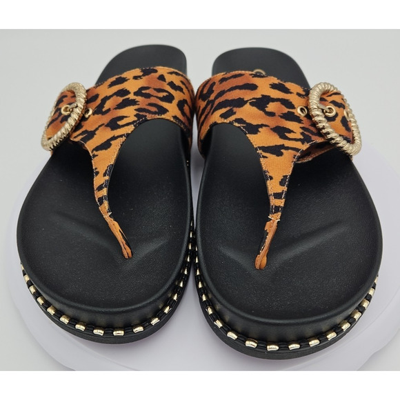 Jessica Simpson CYMMERI Slide Thong‎ Sandal Brown Cheetah Print Gold Buckle EUC - Picture 2 of 13